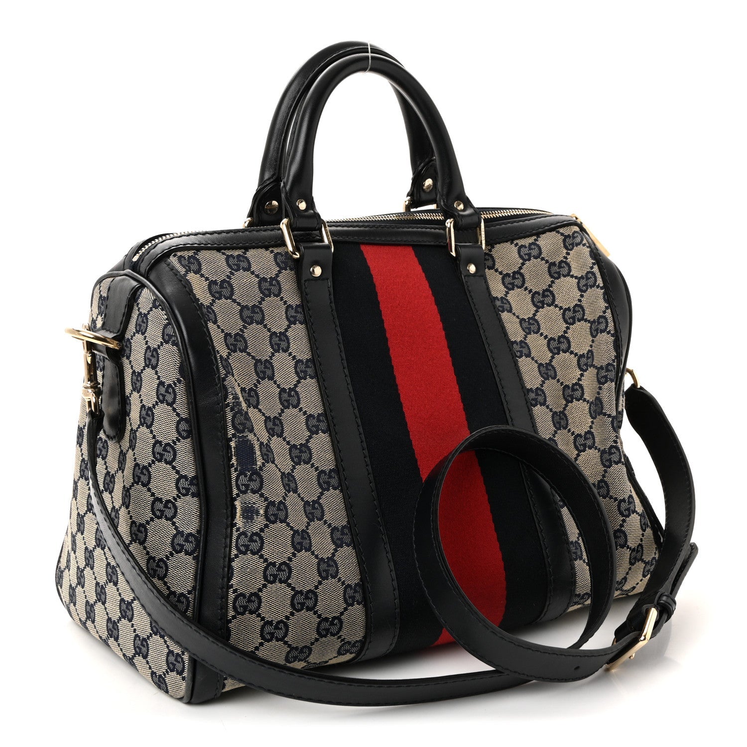 Gucci Monogram Selleria Calfskin Vintage Web Medium Boston Beige Blue