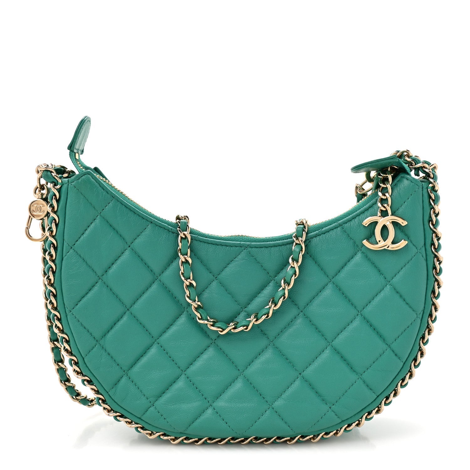 Chanel Lambskin Quilted Chain Around Hobo Green
