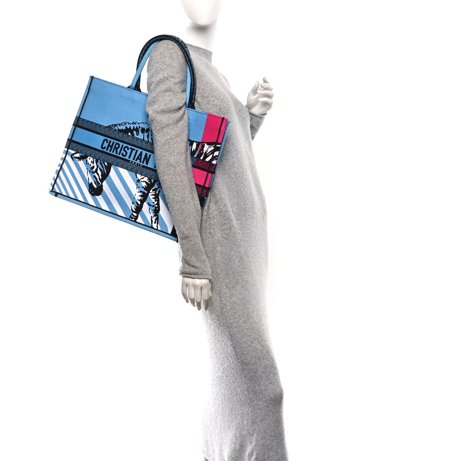 Christian Dior Canvas Embroidered Large Jungle Pop Book Tote Blue Multicolor