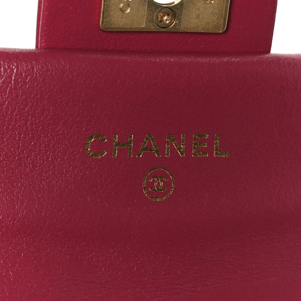 Chanel Calfskin Quilted Lady Handle Flap Card Holder With Chain Dark Pink