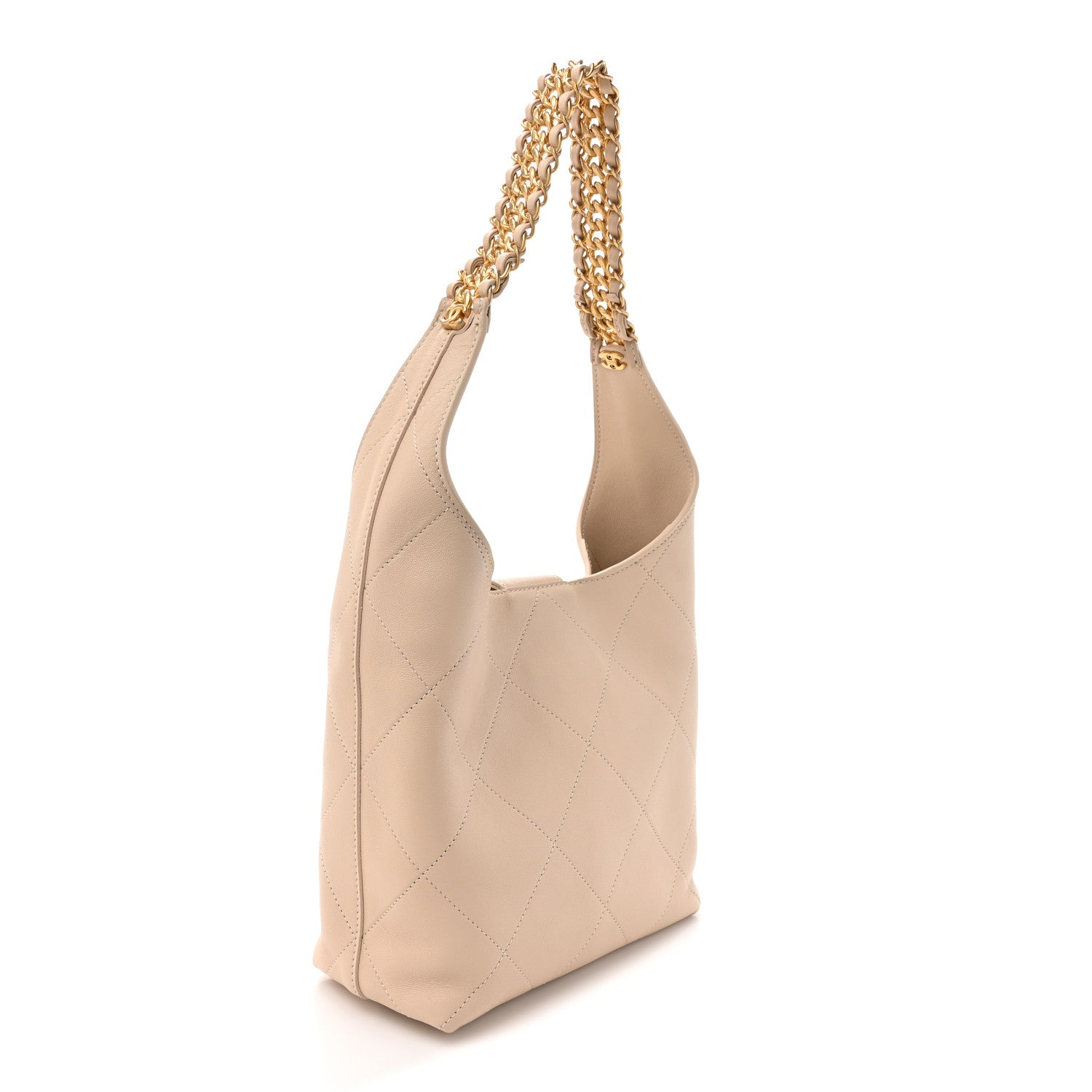 Chanel Shiny Lambskin Quilted Small Hobo Beige