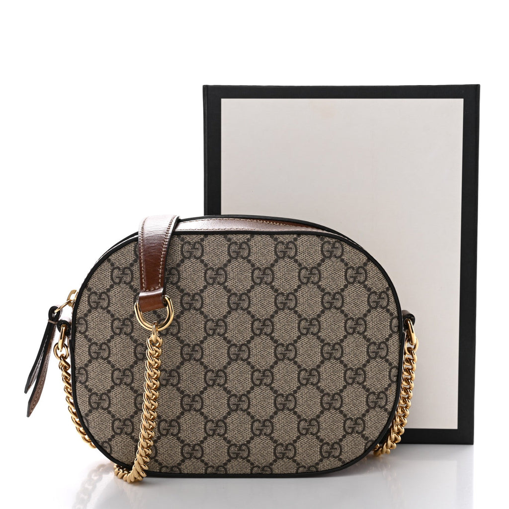Gucci GG Supreme Monogram Cuoio Toscano Mini Chain Shoulder Bag Beige Ebony Cuir