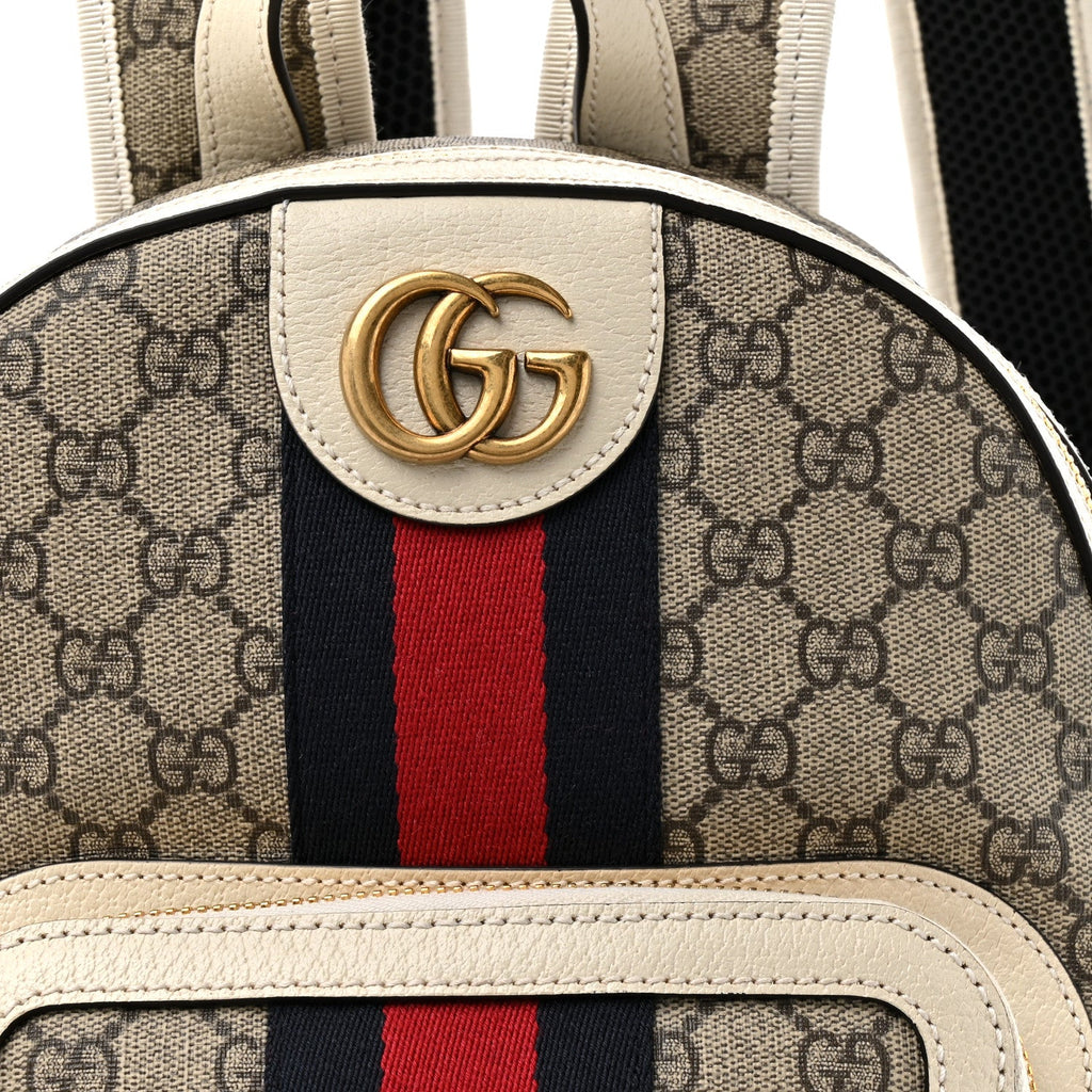 Gucci GG Supreme Monogram Textured Calfskin Web Small Ophidia Day Backpack Beige Ebony Mystic White