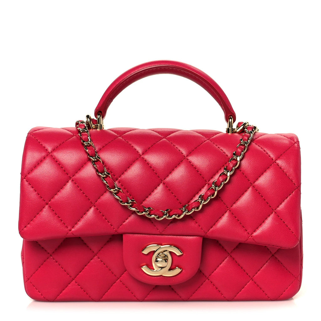 Chanel Lambskin Quilted Mini Top Handle Rectangular Flap Fuchsia