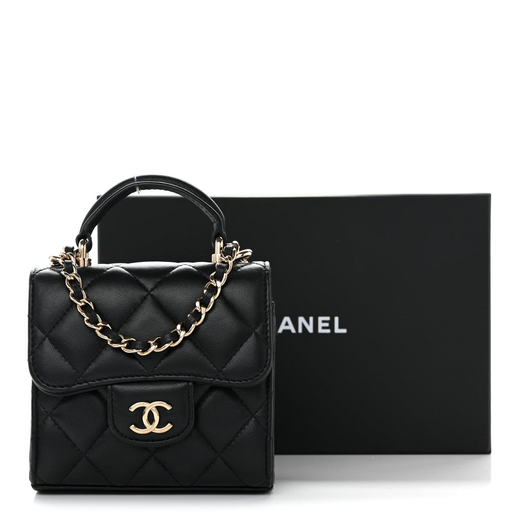 Chanel Lambskin Quilted Top Handle Flap Clutch With Chain Black