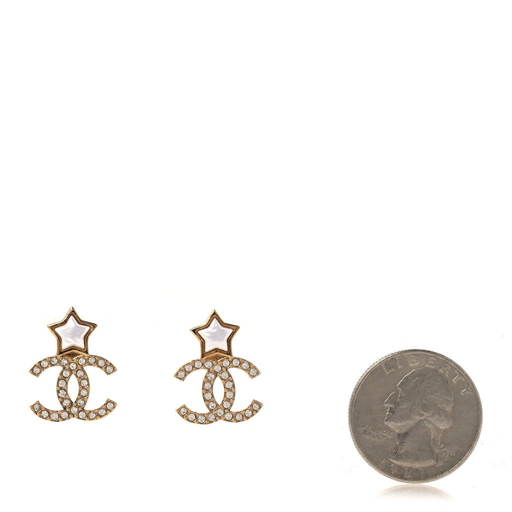 Metal Crystal Pearl CC Star Earrings Gold Pearly White