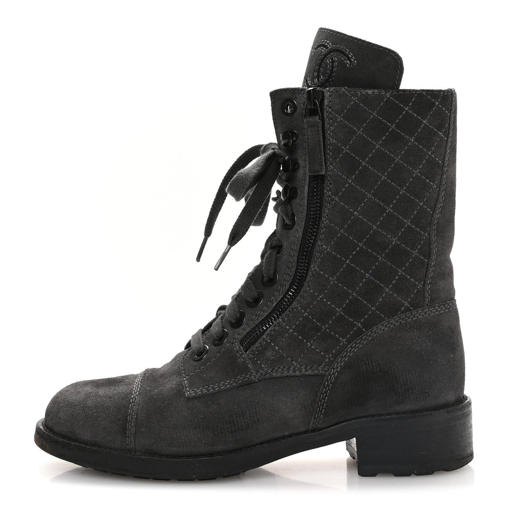 Chanel Suede Quilted CC Tall Lace Up Combat Boots 38 Grey