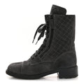Chanel Suede Quilted CC Tall Lace Up Combat Boots 38 Grey