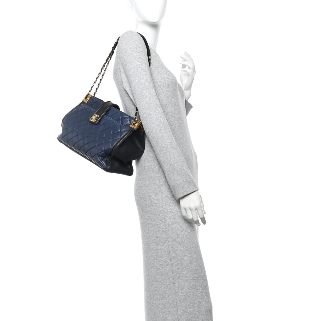 Chanel Lambskin Quilted Elegant CC Shopping Tote Navy Black