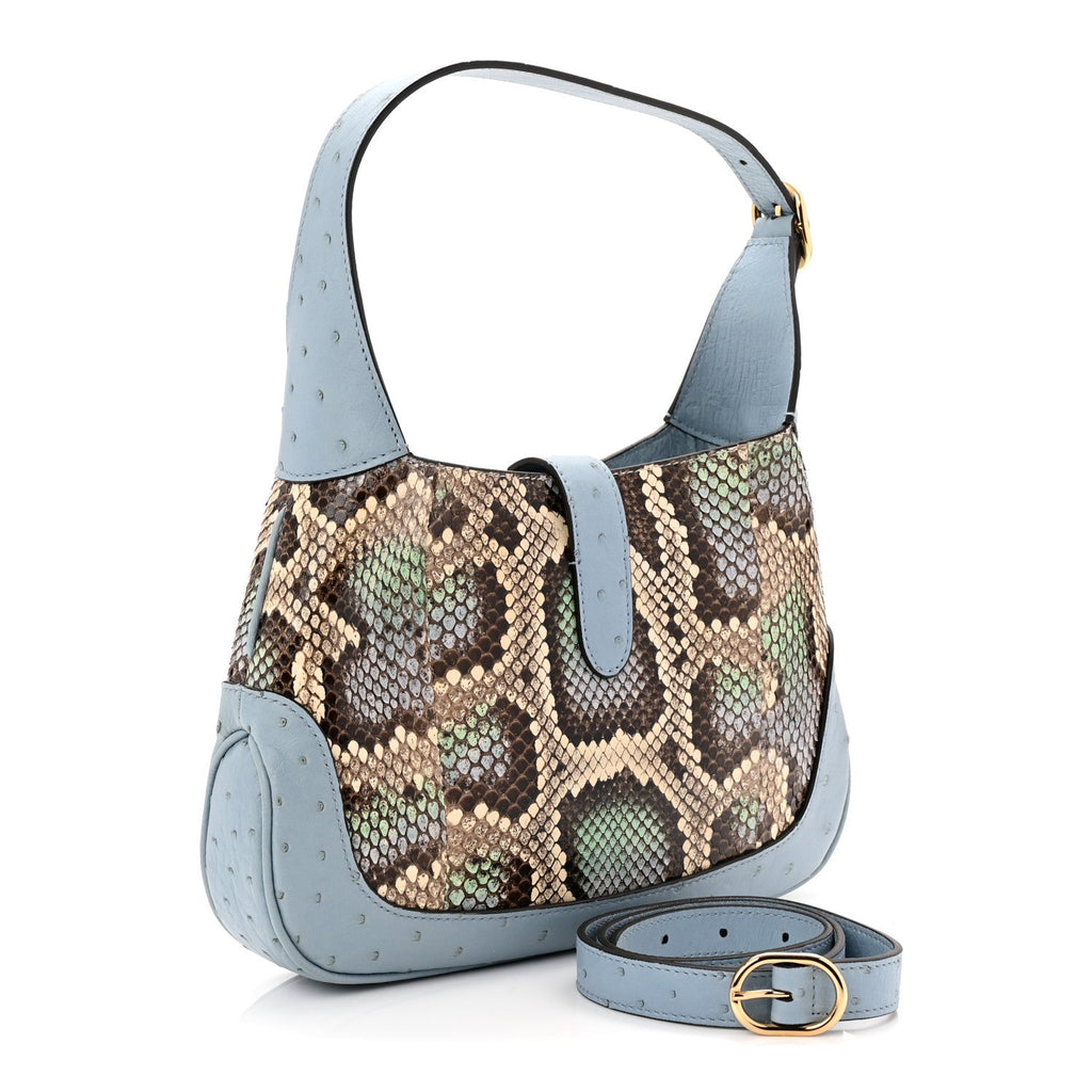 Gucci Snakeskin Ostrich Calfskin Small Jackie 1961 Hobo Blue Multicolor