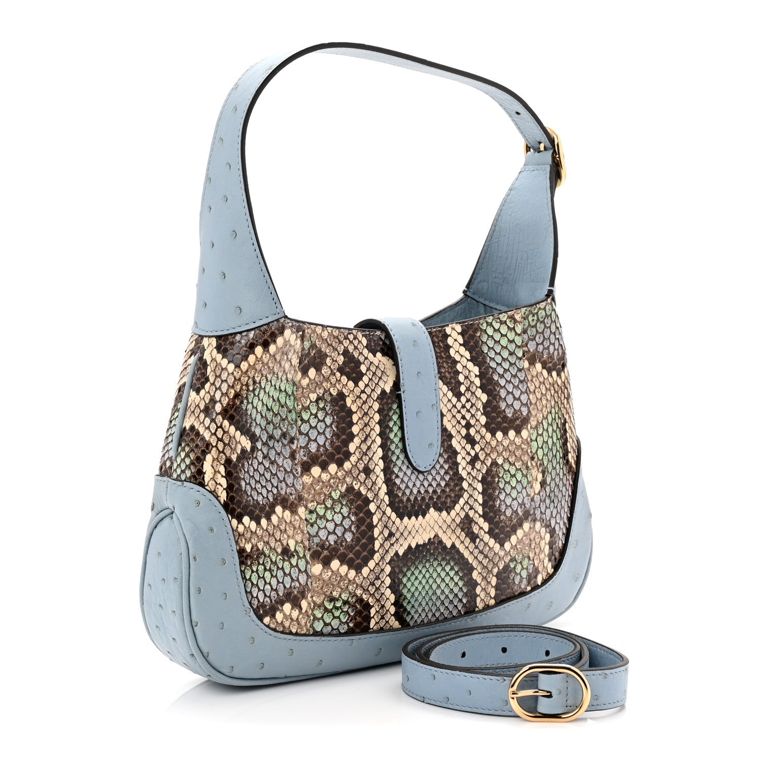 Gucci Snakeskin Ostrich Calfskin Small Jackie 1961 Hobo Blue Multicolor