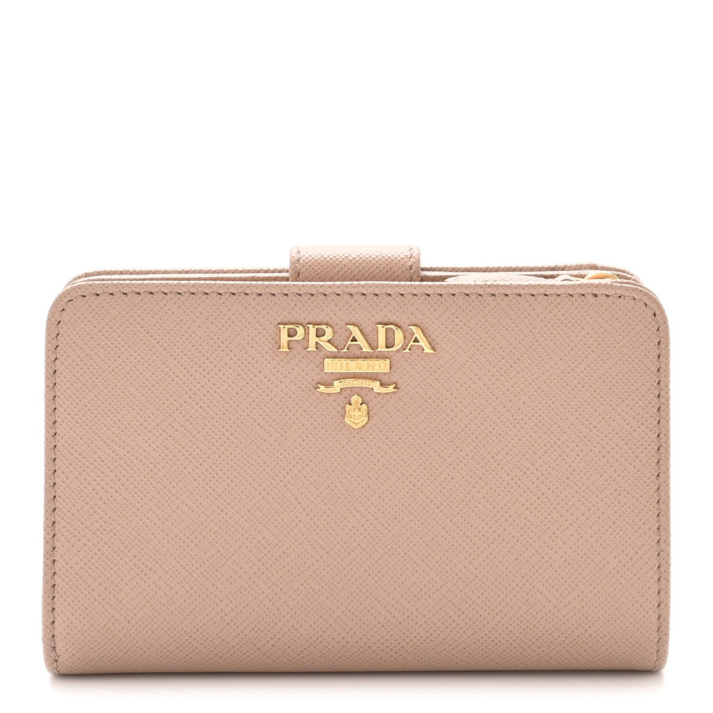 Prada Saffiano Metal Compact Zip Around Wallet Cammeo