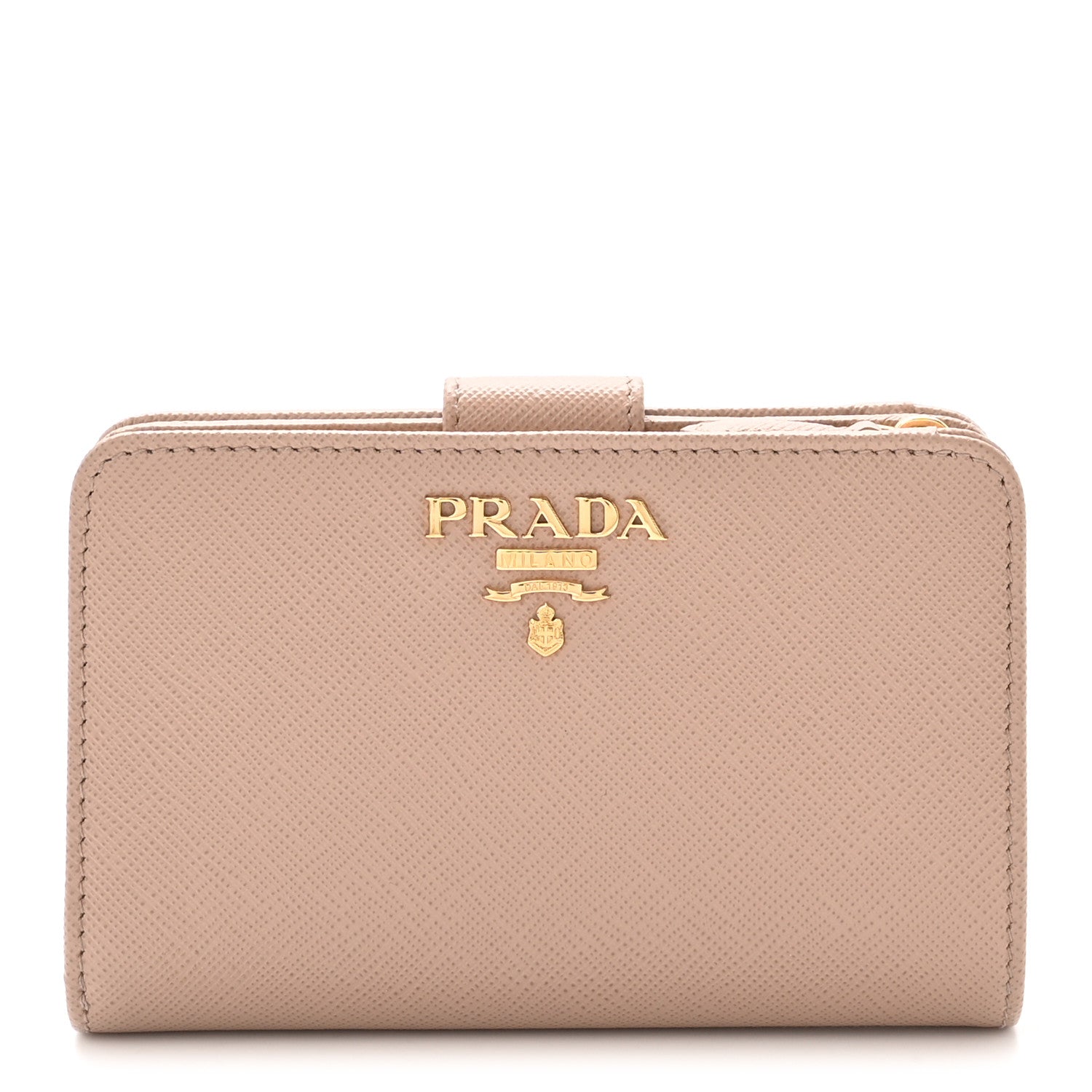 Prada Saffiano Metal Compact Zip Around Wallet Cammeo
