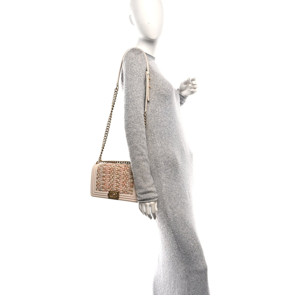 Chanel Braided Tweed Lambskin Medium Boy Flap Pink