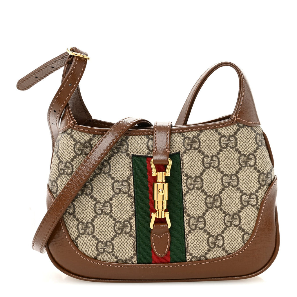 Gucci GG Supreme Monogram Azalea Calfskin Web Mini Jackie 1961 Hobo Beige Ebony Brown Sugar