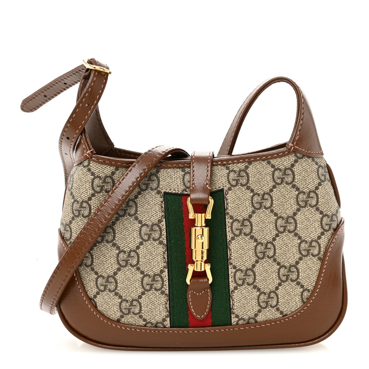 Gucci GG Supreme Monogram Azalea Calfskin Web Mini Jackie 1961 Hobo Beige Ebony Brown Sugar