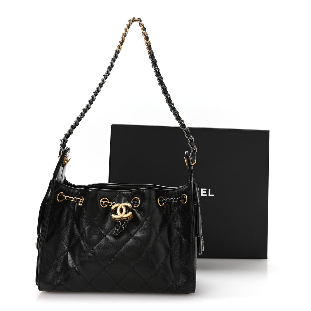 Chanel Shiny Crumpled Calfskin Quilted Mini Chanel 25 Handbag Black