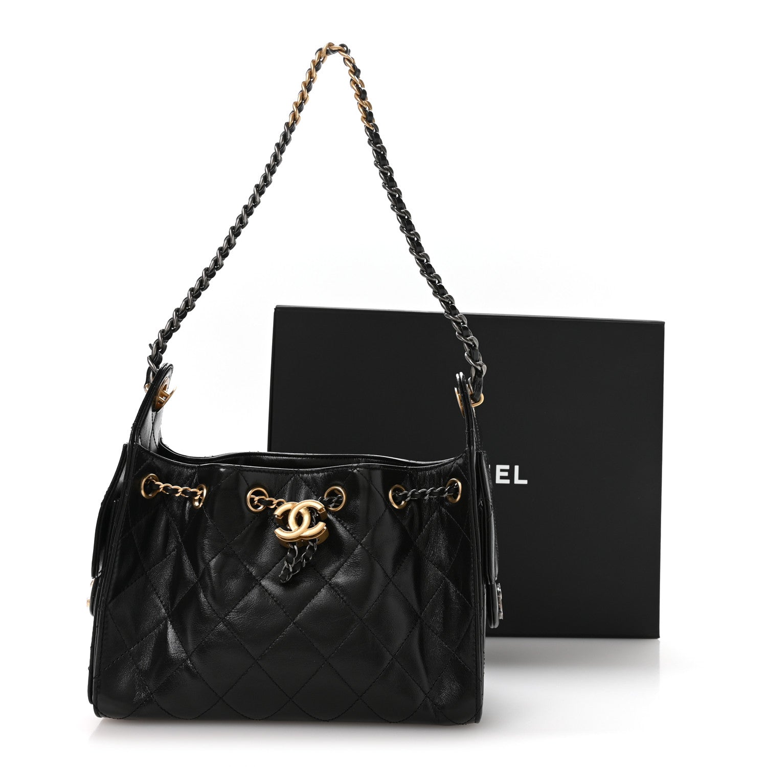 Chanel Shiny Crumpled Calfskin Quilted Mini Chanel 25 Handbag Black
