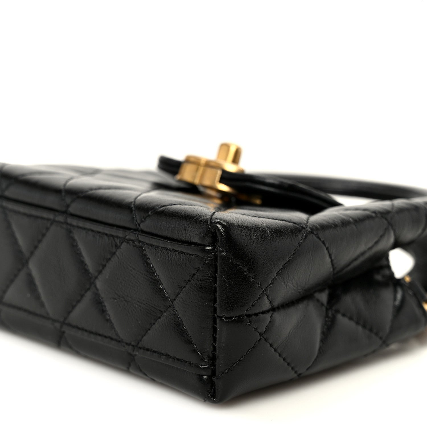Chanel Shiny Aged Calfskin Quilted Mini Nano Kelly Shopper Black