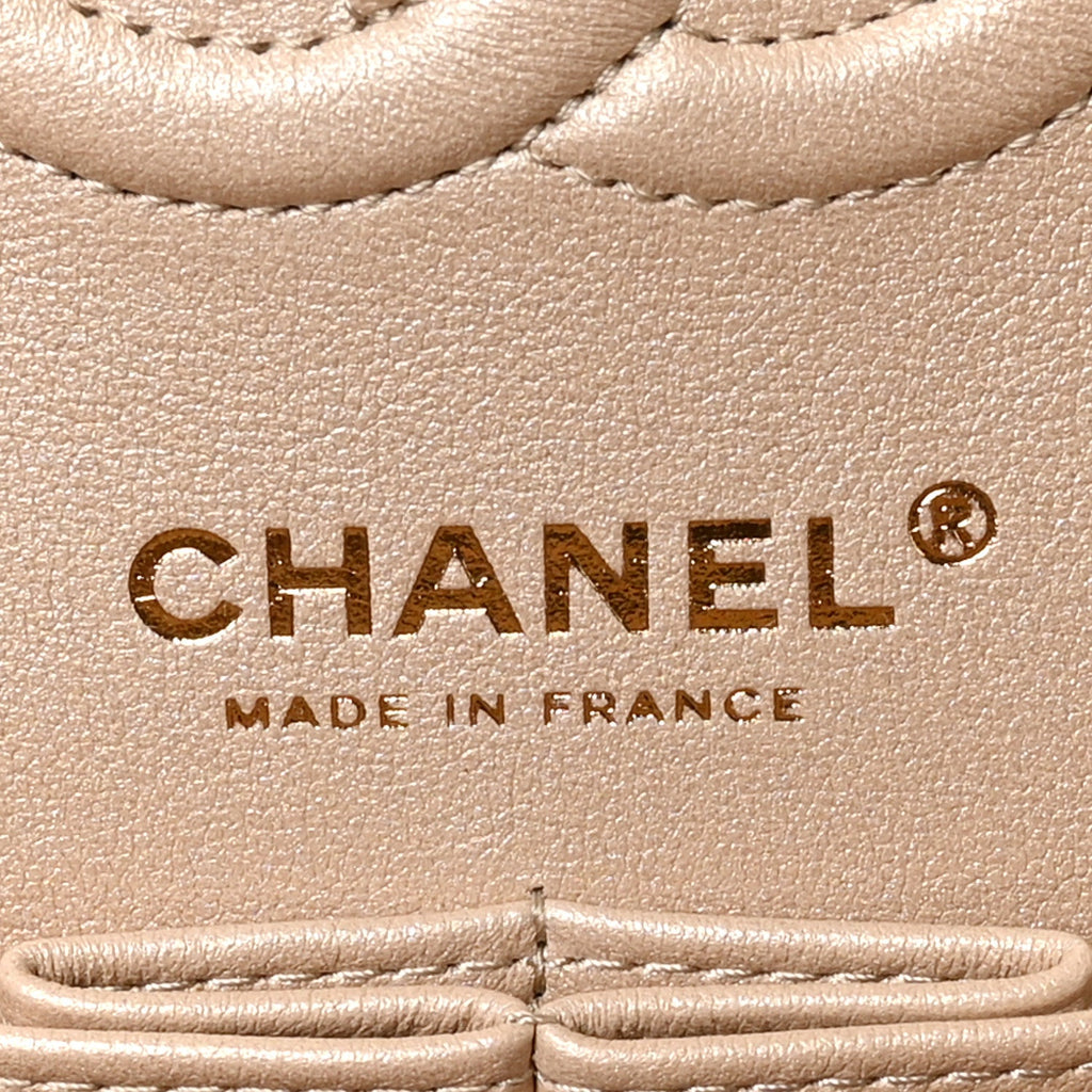 Chanel Metallic Caviar Quilted Small Double Flap Beige