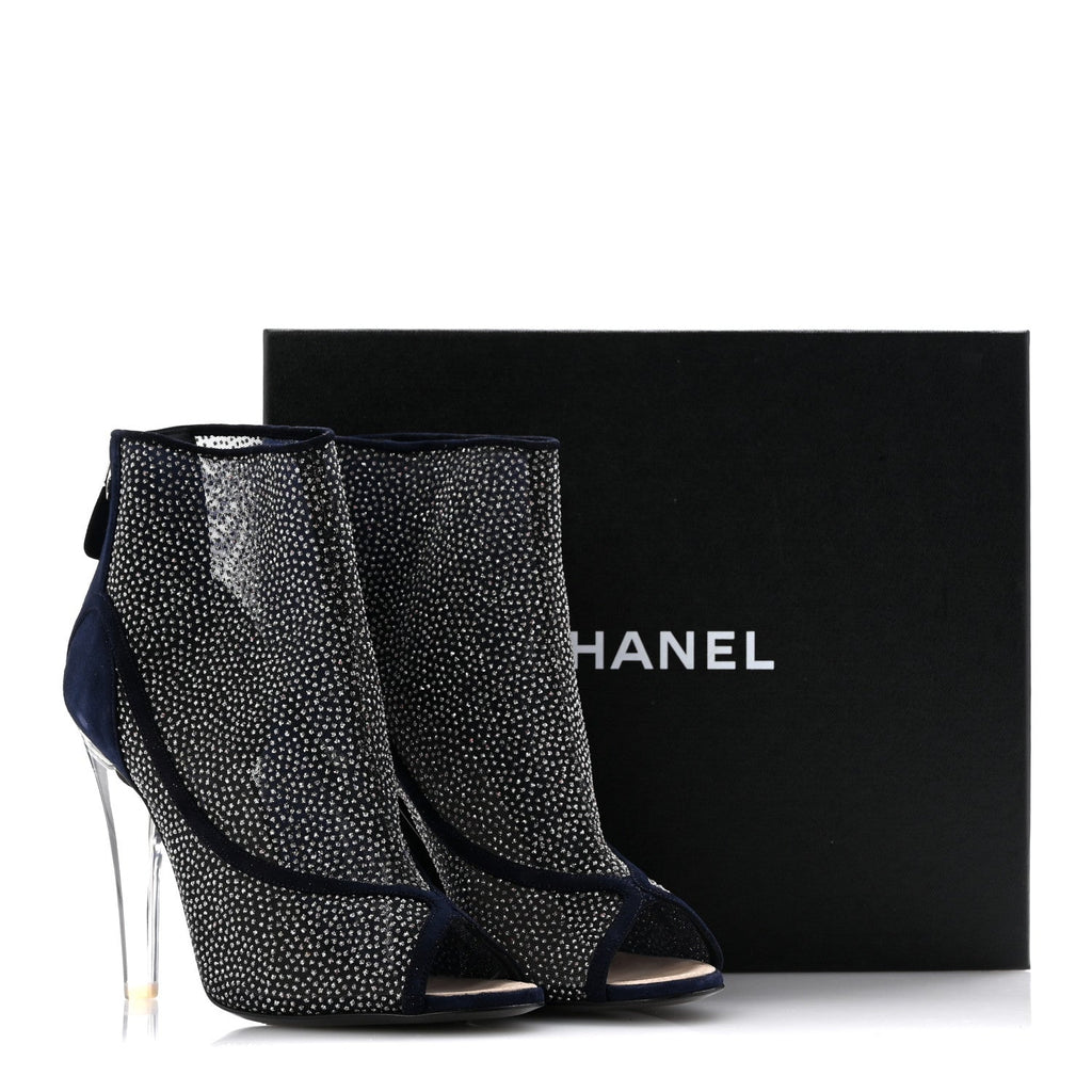 Mesh Crystal Open Toe Ankle Boots 40 Navy