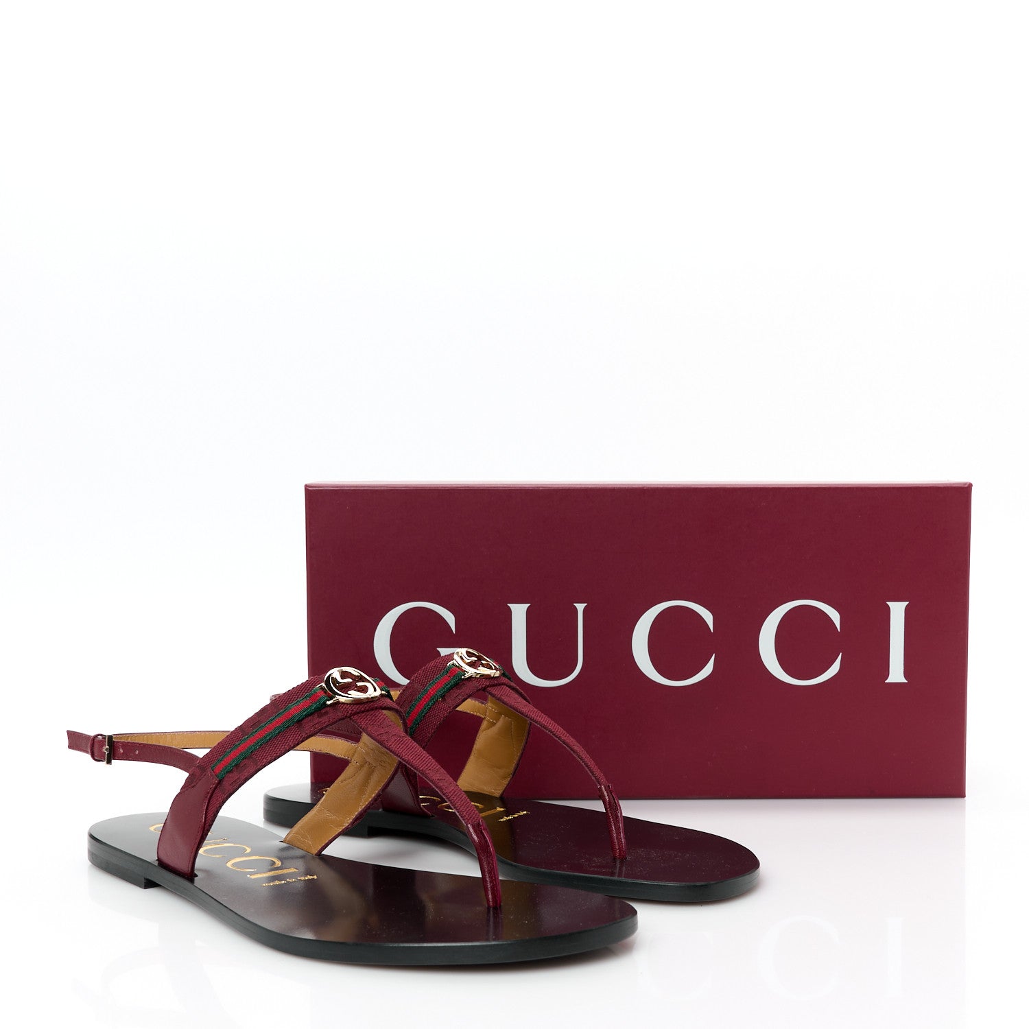 Gucci New Canvas GG Malaga Kid Web Interlocking G Womens Thong Sandals 40.5 Rosso Ancora