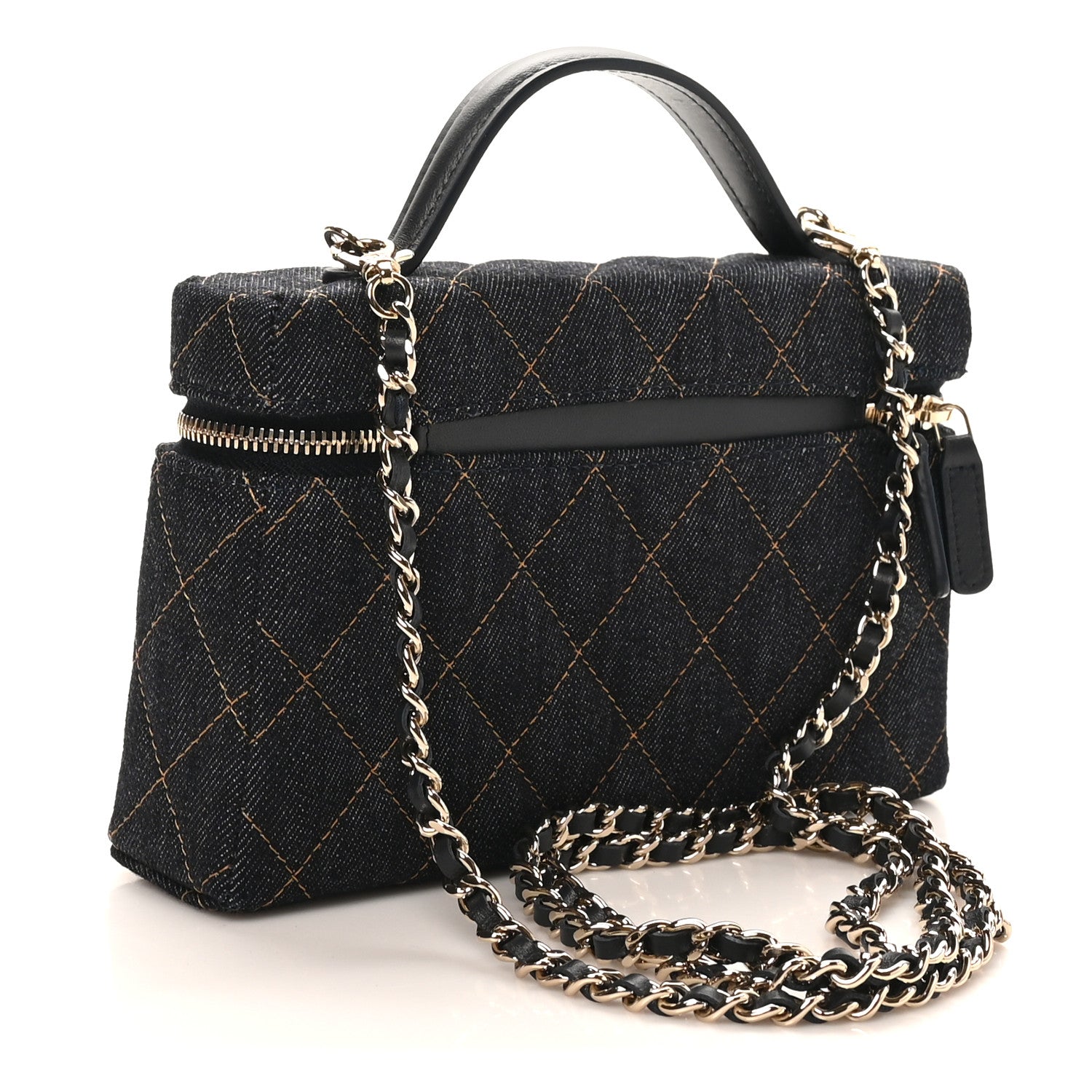 Chanel Denim Quilted Top Handle Slim Vanity Case With Chain Dark Blue Orange