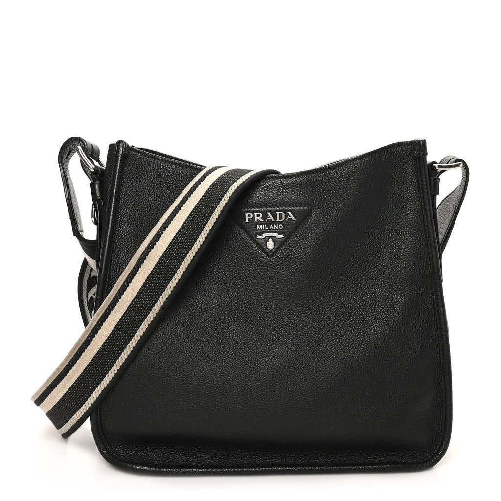 Prada Vitello Daino Soft Hobo Messenger Bag Black