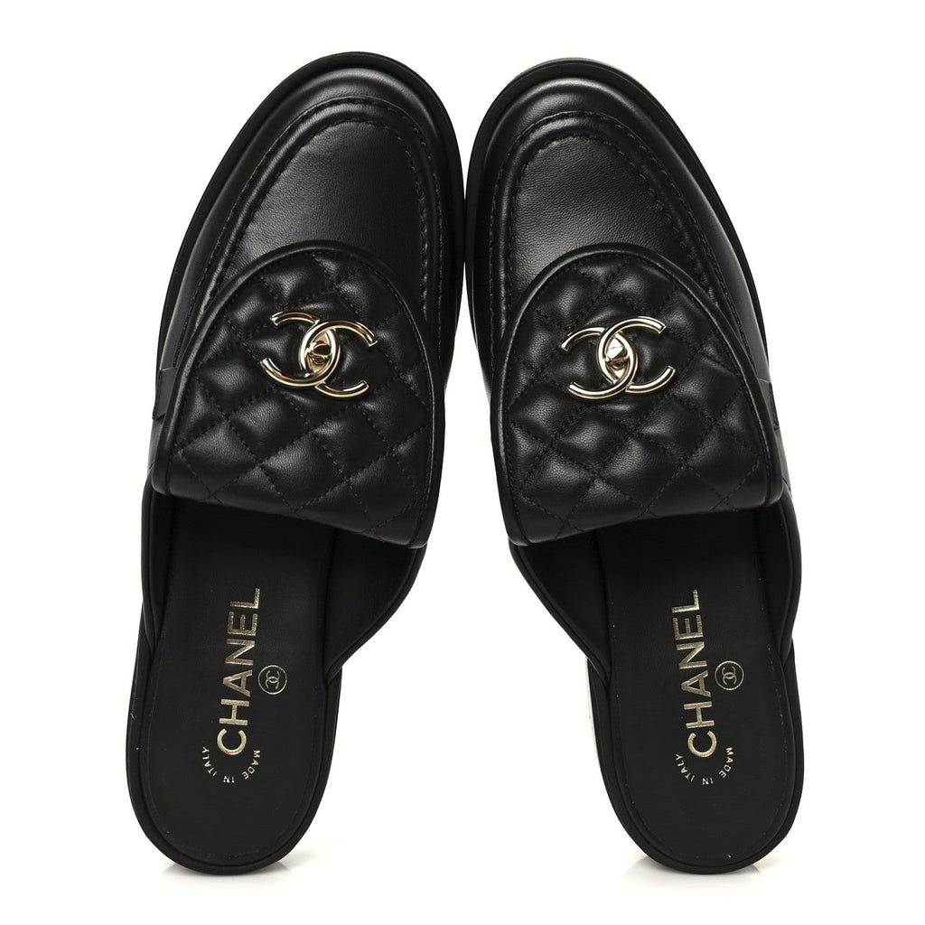 Lambskin Quilted CC Turnlock Mules 40 Black