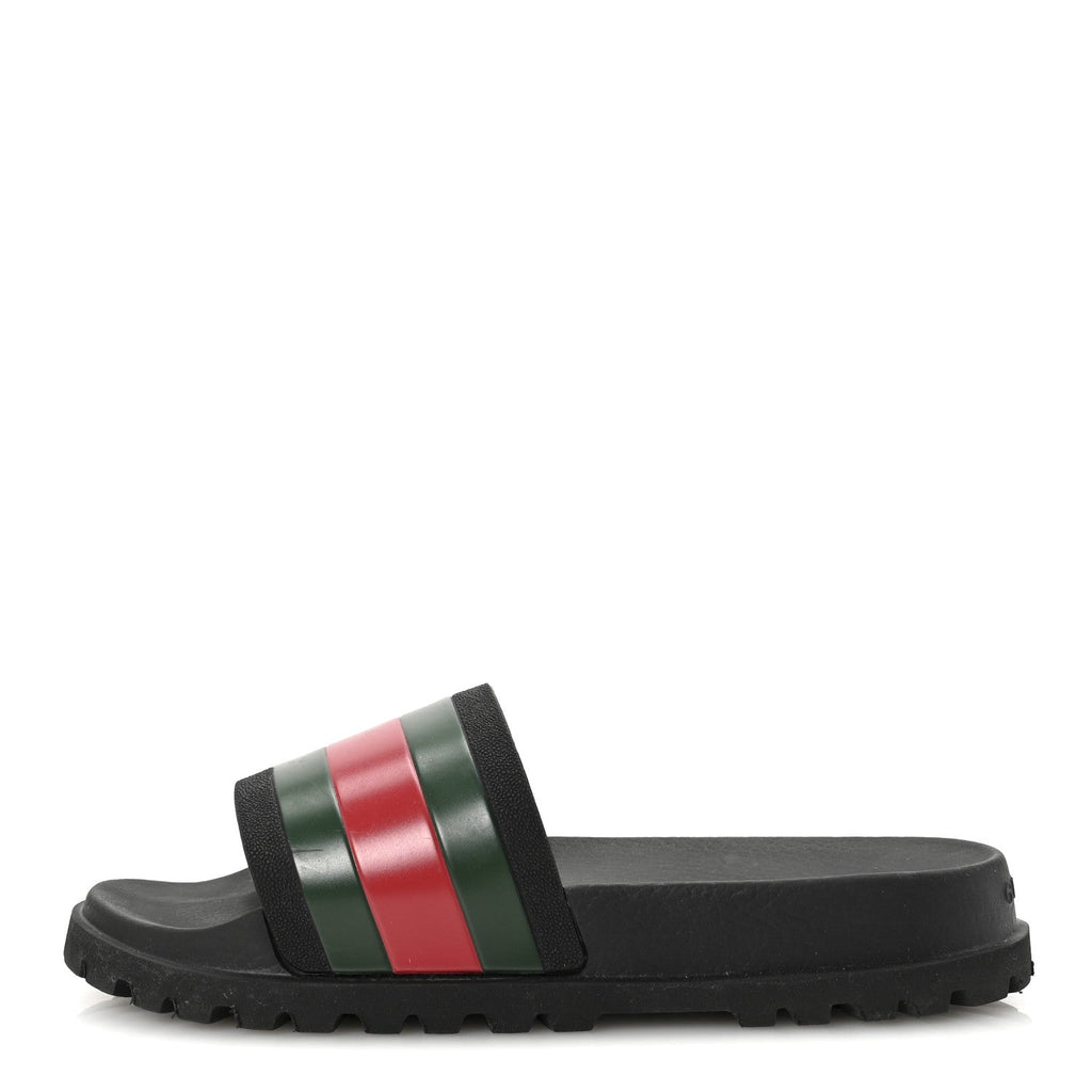 Gucci Rubber Web Mens Lug Sole Slide Sandals 7 Black Green Red