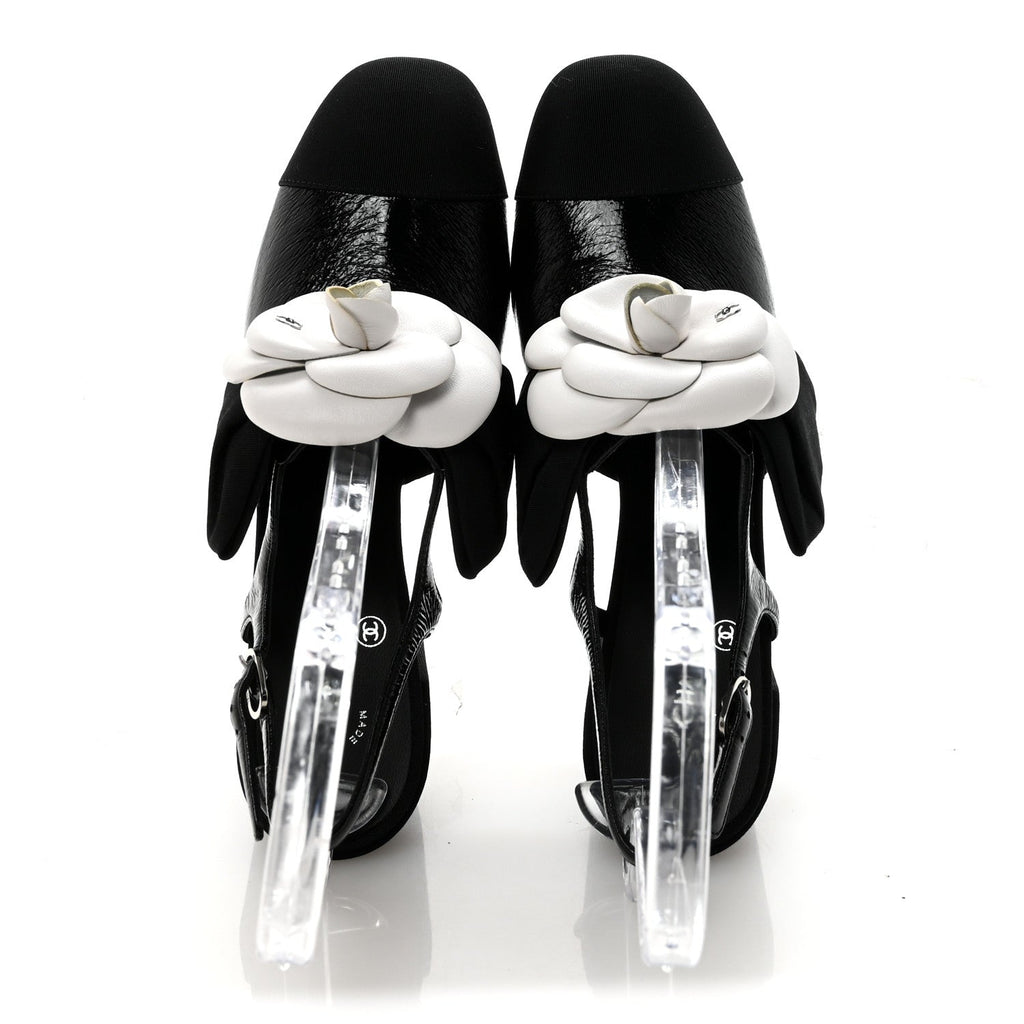 Crumpled Shiny Fabric Grosgrain Cap Toe Camellia Bow Slingback Pumps 39 Black