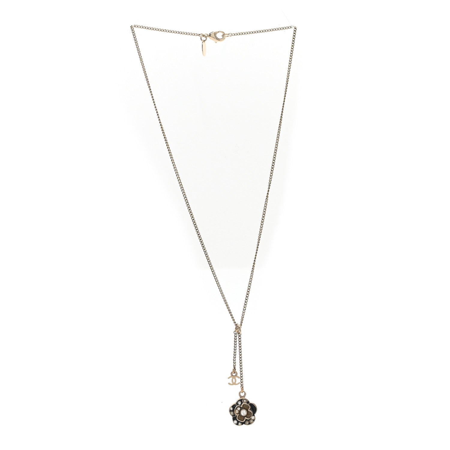 Enamel Crystal Pearl CC Camellia Drop Necklace Gold Black