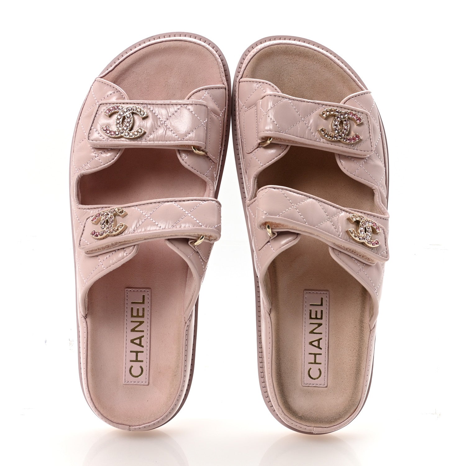 Chanel Shiny Calfskin Crystal Quilted Velcro Dad CC Slide Sandals 39 Light Pink