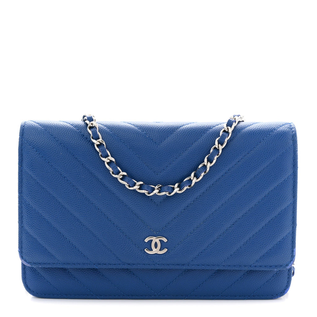 Chanel Caviar Chevron Quilted Wallet On Chain WOC Blue
