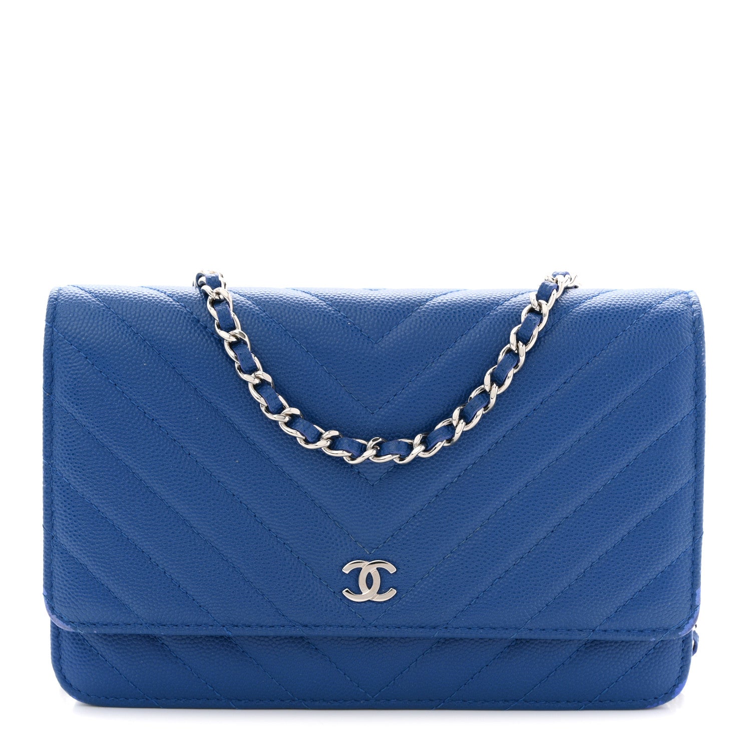 Chanel Caviar Chevron Quilted Wallet On Chain WOC Blue