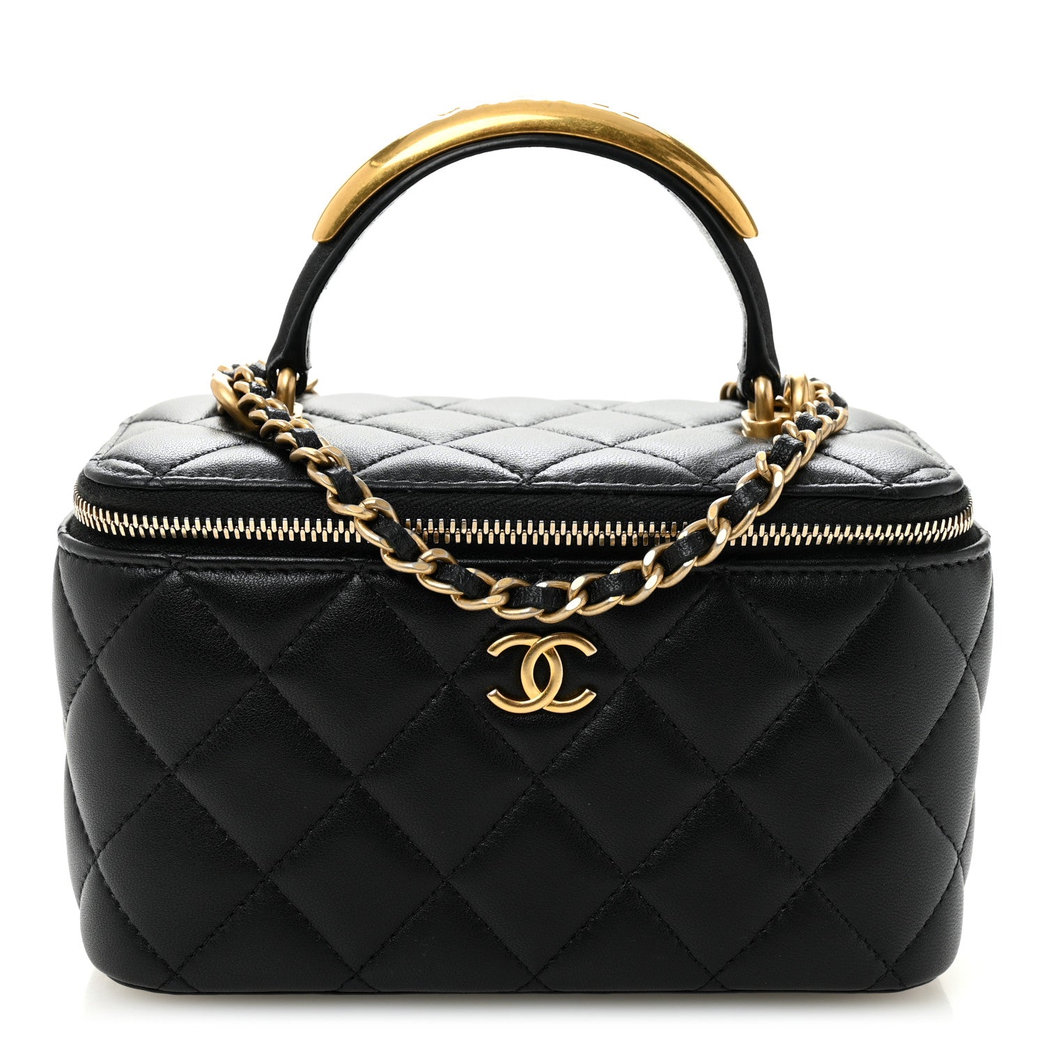 Chanel Lambskin Quilted Metal Small Top Handle Vanity Case With Chain Black