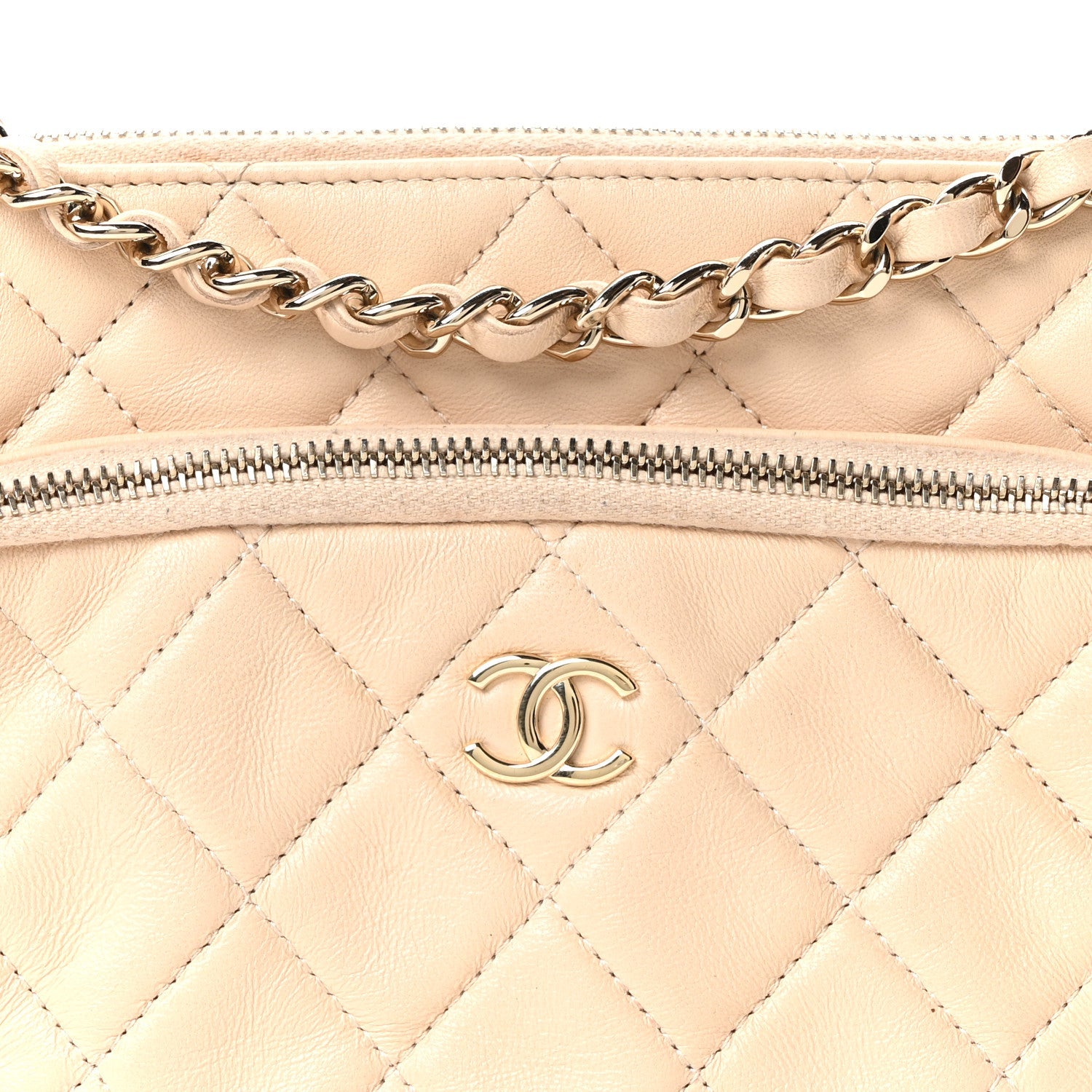 Chanel Shiny Crumpled Lambskin Quilted Small Preppy Pocket Clutch With Chain Beige