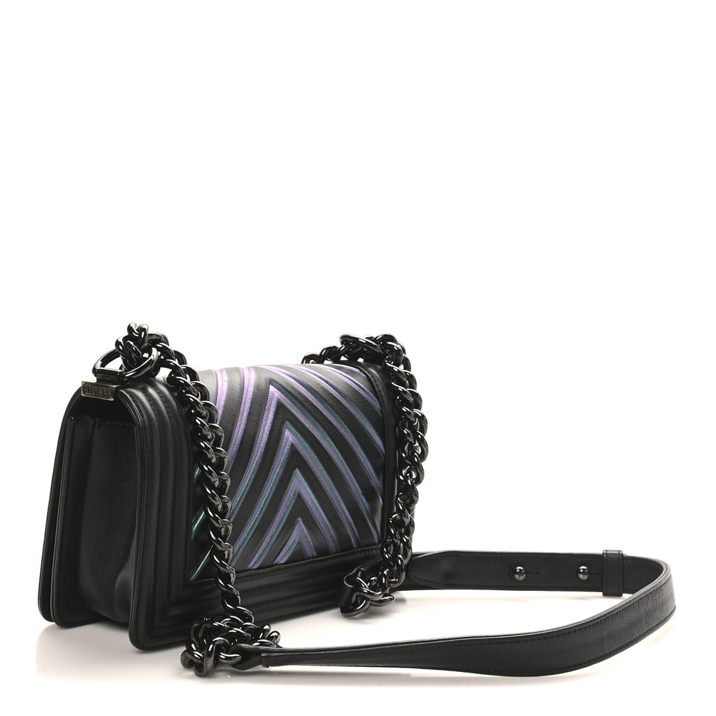 Chanel Calfskin Painted Chevron Embossed Medium Boy Flap Black