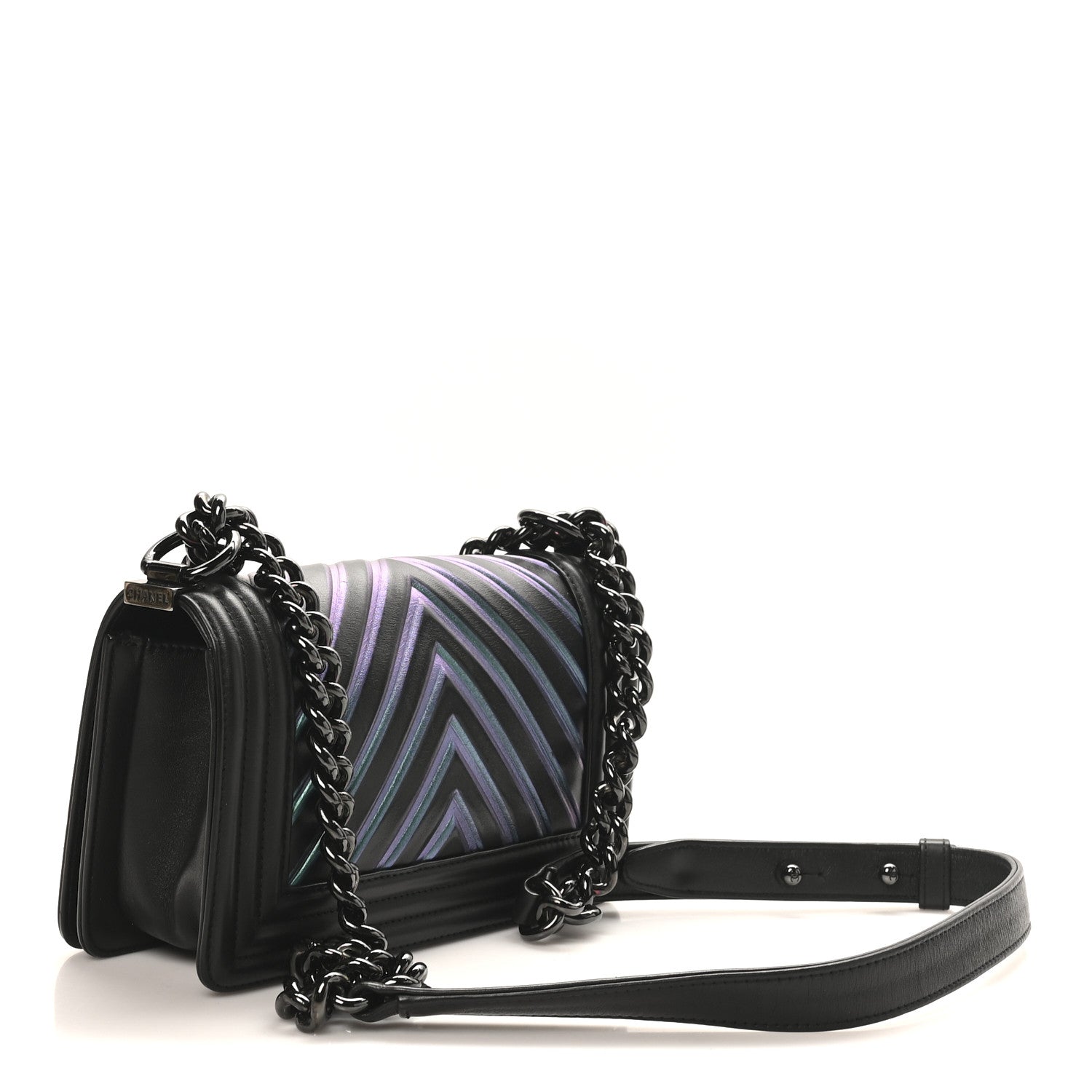 Chanel Calfskin Painted Chevron Embossed Medium Boy Flap Black