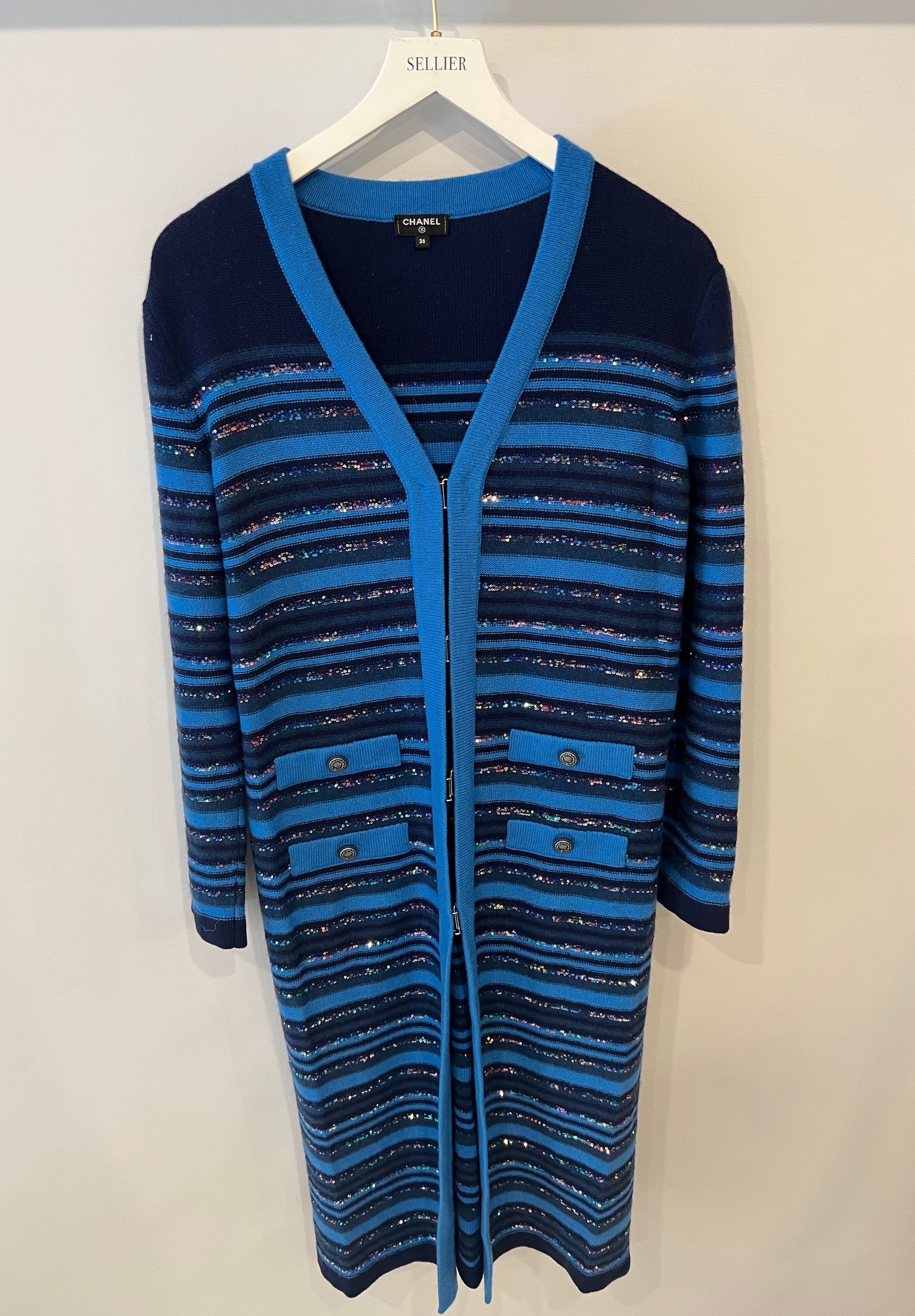 Chanel 20C Blue and Navy Cashmere Striped Long Cardigan with Multicolour Sequins Detail and Silver Camellia CC Buttons Size FR 36 (UK 8)