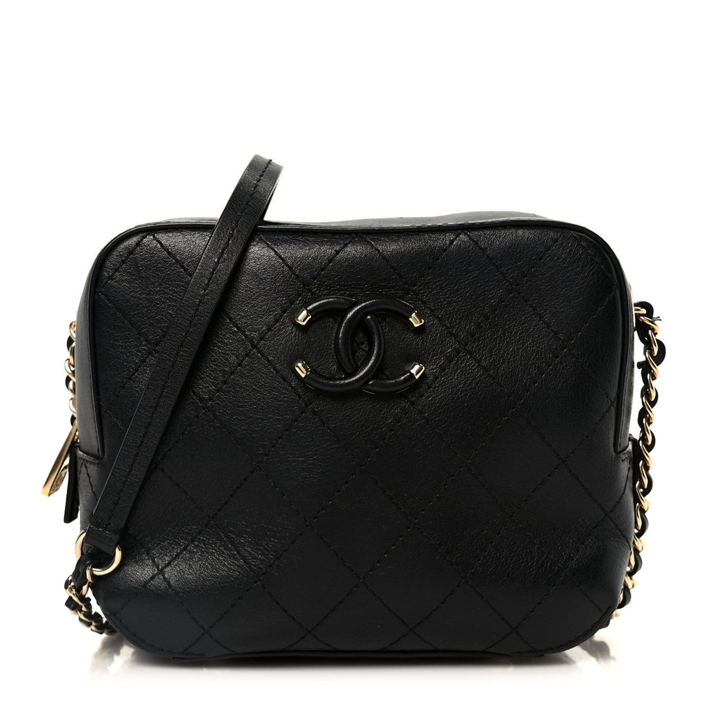 Chanel Calfskin Stitched Covered CC Camera Case Bag Black