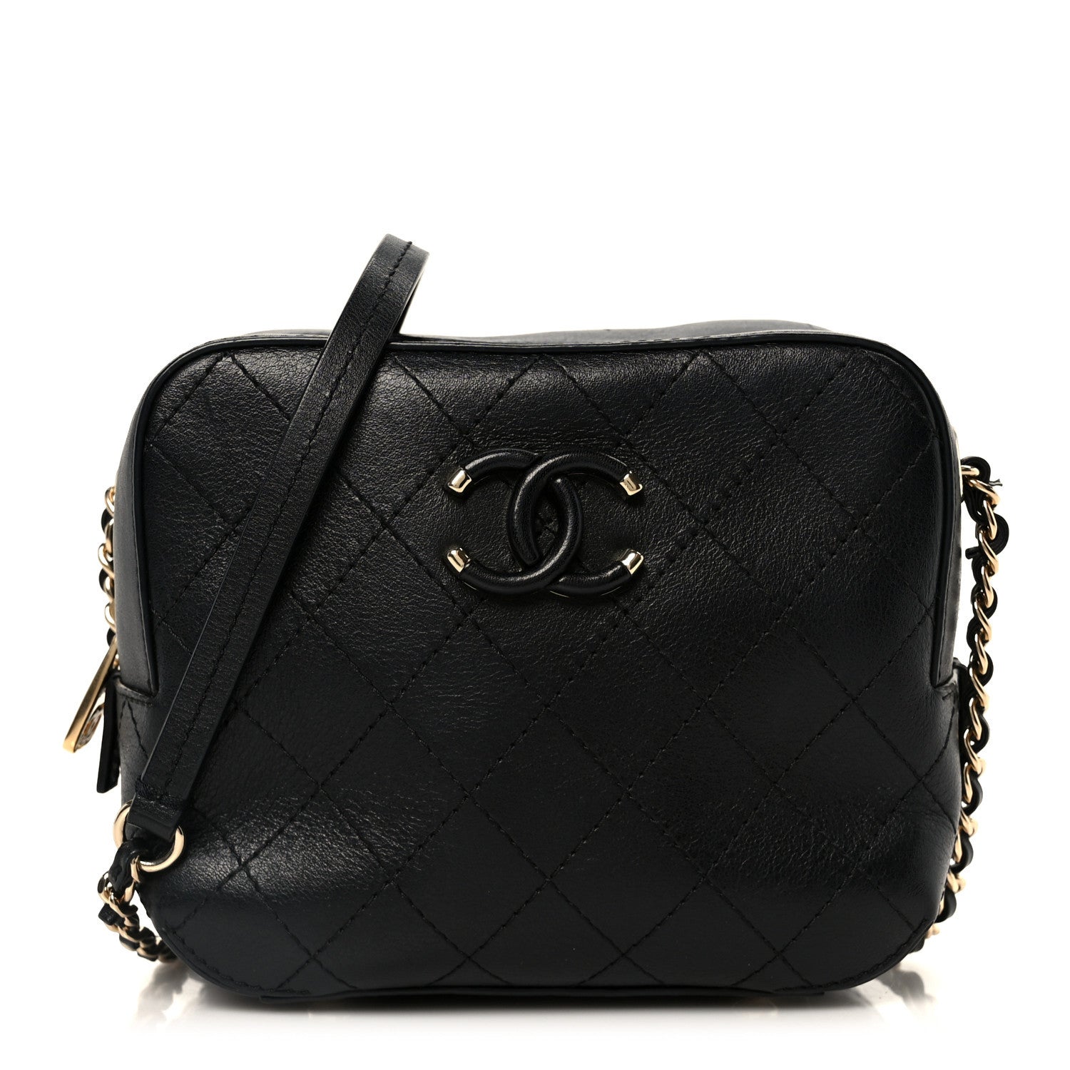 Chanel Calfskin Stitched Covered CC Camera Case Bag Black