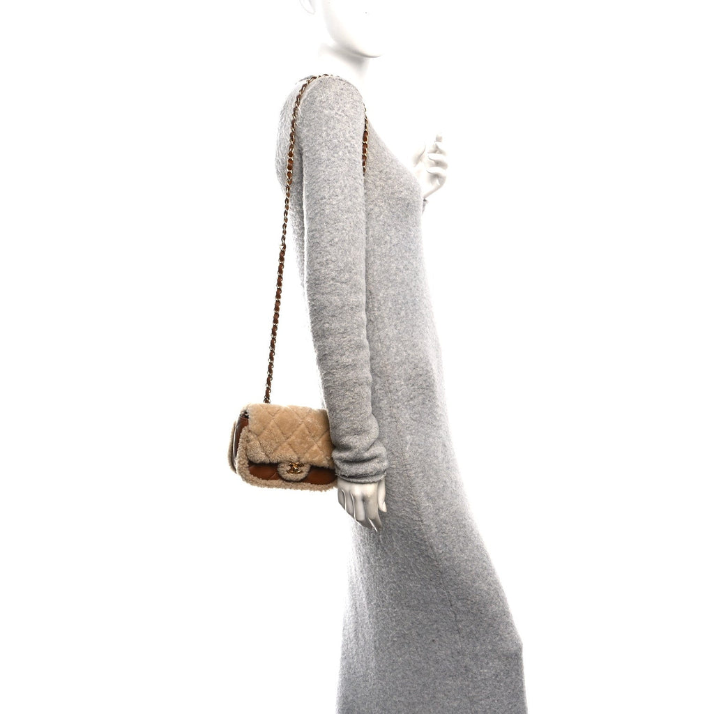 Chanel Shearling Lambskin Quilted Mini Furry Coco Flap Beige Dark Brown