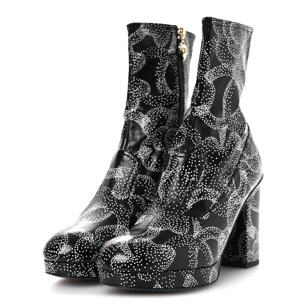 Calfskin Camellia Printed Ankle Boots 38.5 Black White