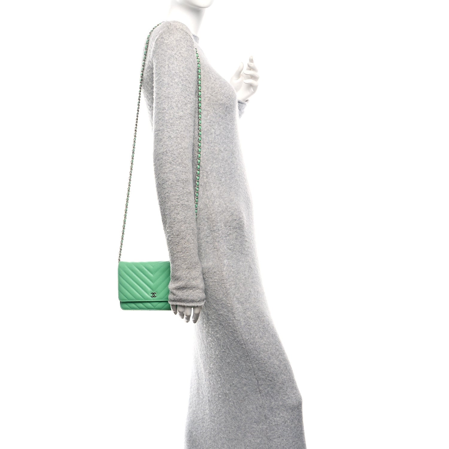 Chanel Caviar Chevron Quilted Wallet On Chain WOC Green
