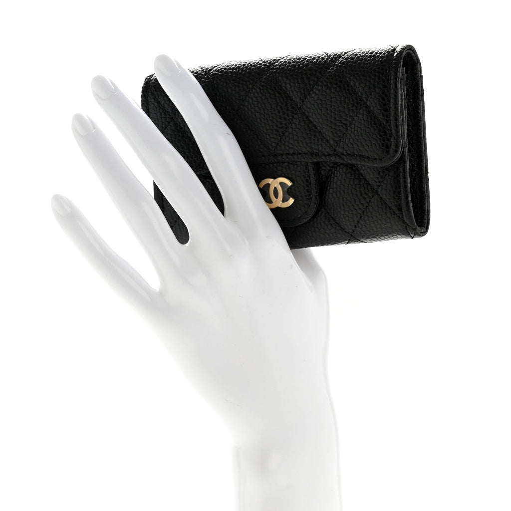 Caviar Quilted Flap Card Holder Wallet Black