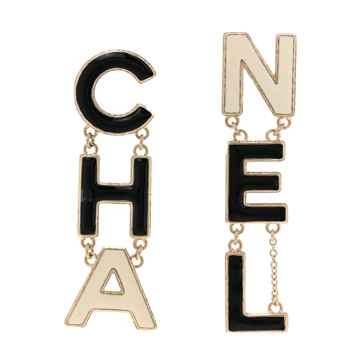 Metal Enamel Cha-Nel Logo Drop Earrings Black White