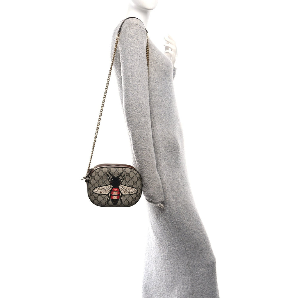 Gucci GG Supreme Monogram Bee Embroidered Mini Chain Shoulder Bag Beige Tuscany