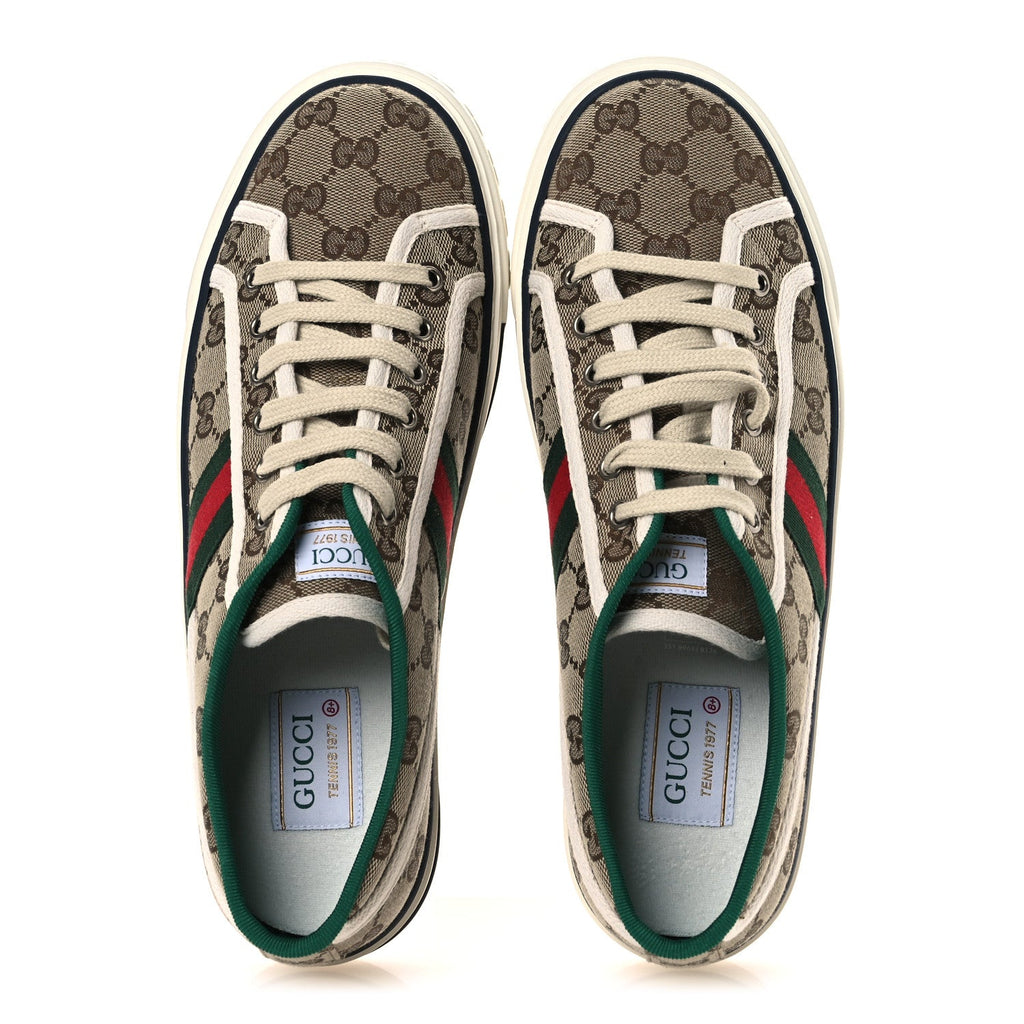 Gucci GG Monogram Web Mens 1977 Tennis Sneakers 8.5 Beige Ebony Mystic White Vert