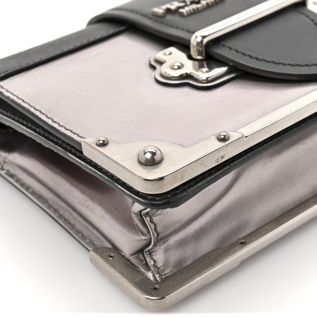 Prada Metallic Vitello Saffiano Cahier Bag Silver Black